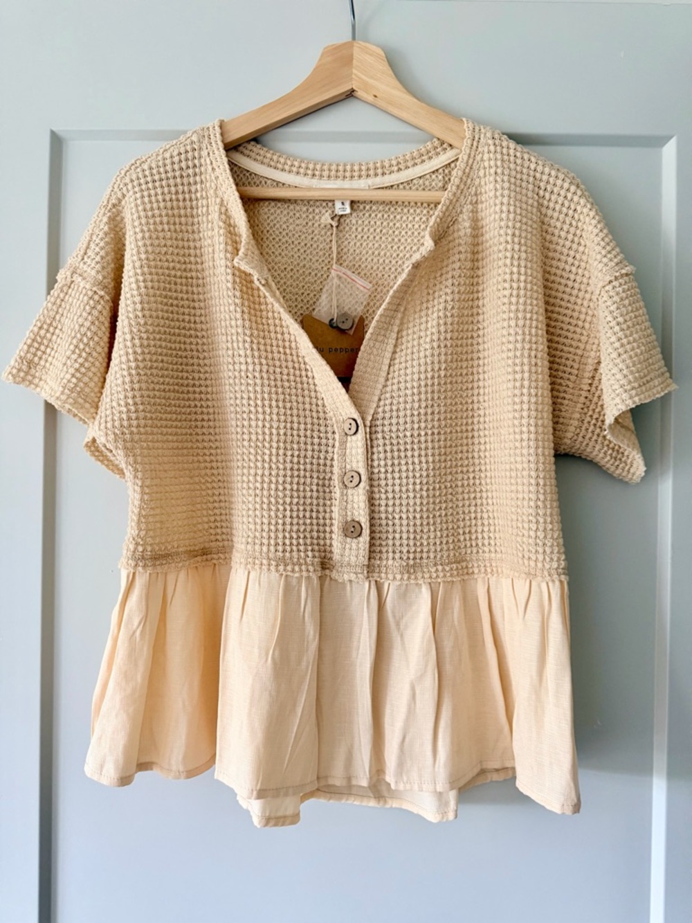 Blu Pepper Waffle Knit Peplum Top Cream Button Front Boho Cottagecore Small